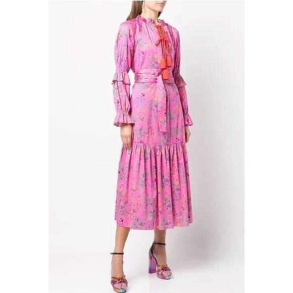 Cynthia Rowley Dresses & Skirts - CYNTHIA ROWLEY Sz S Small Pink Floral Sanibel Dress Midi Long Sleeve Belt